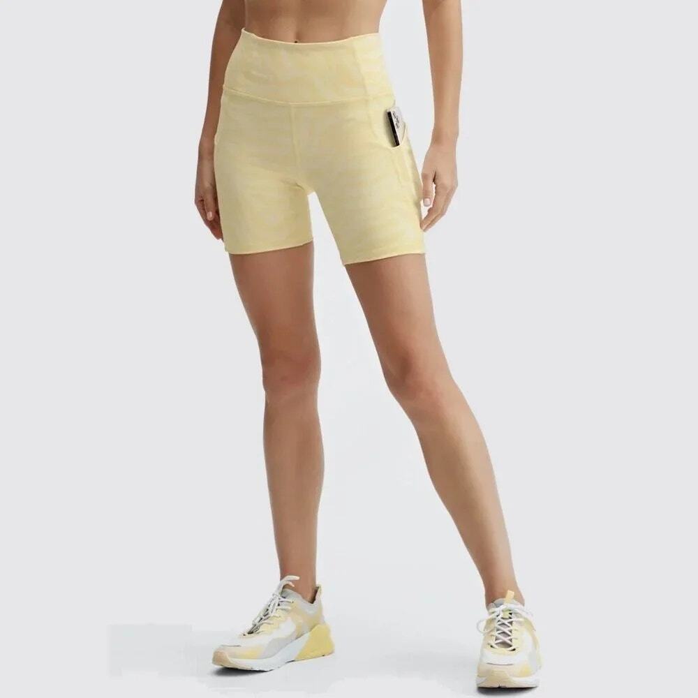 Fabletics Oasis PureLuxe High-Waisted 6" Shorts Zebra Stroke Yellow White Size S